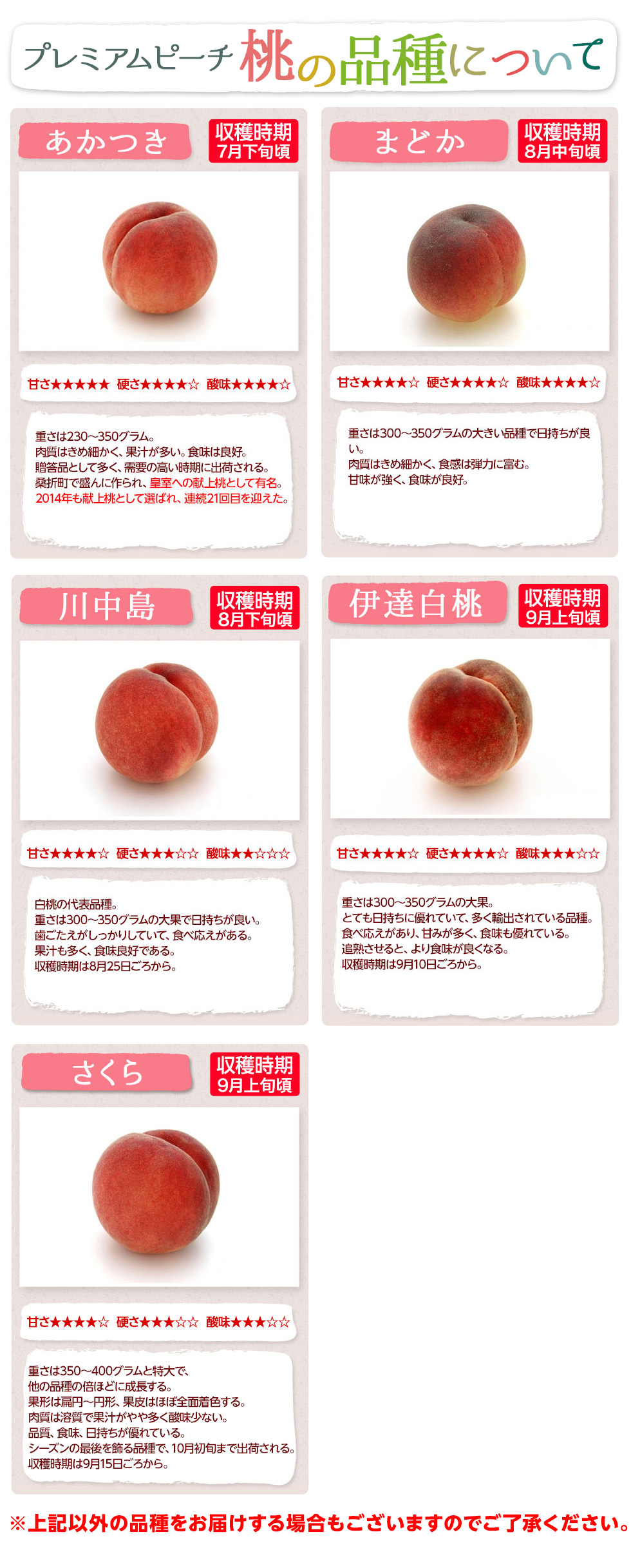 こちらの商品は予約販売商品です　桃の品種カレンダー
